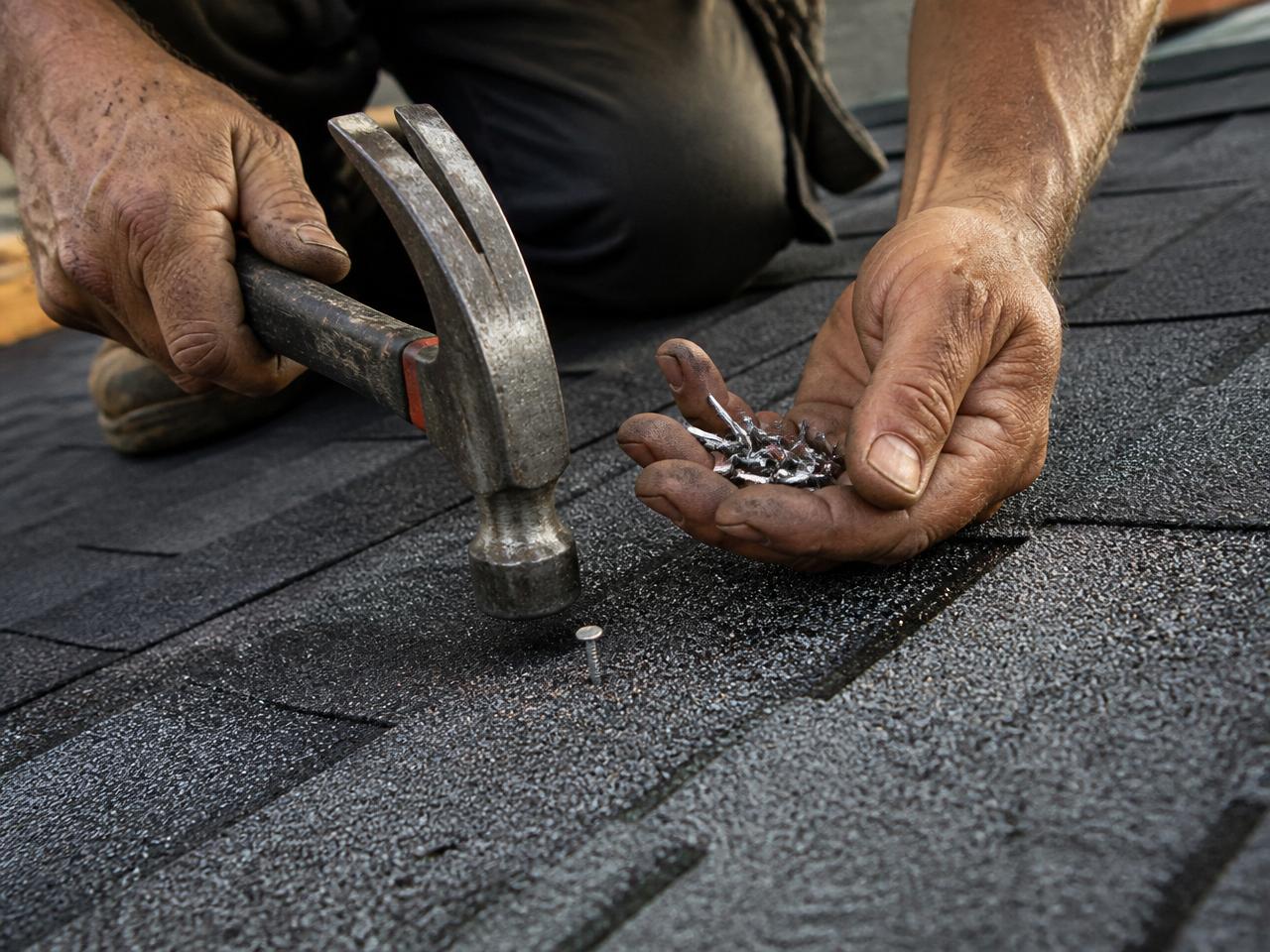Weathered hands of a roofer hammering nails into asphalt shingles