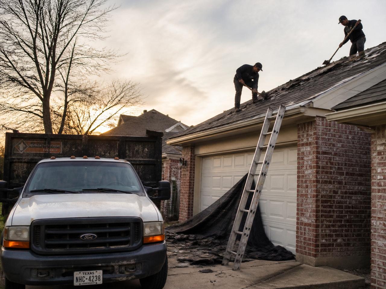 UPI roofing crew tearing off old shingles on a Plano home at sunset